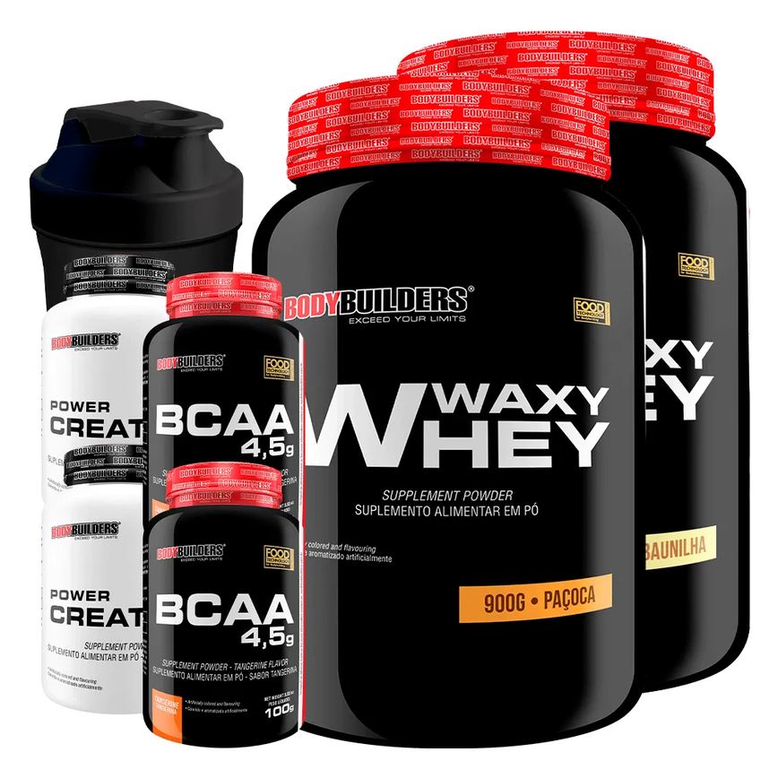 Kit 2x Waxy Whey 900g + 2x Bcaa 100g Tangerina + 2x Power Creatina 100g + Coq - Bodybuilders Baunilha e Paçoca