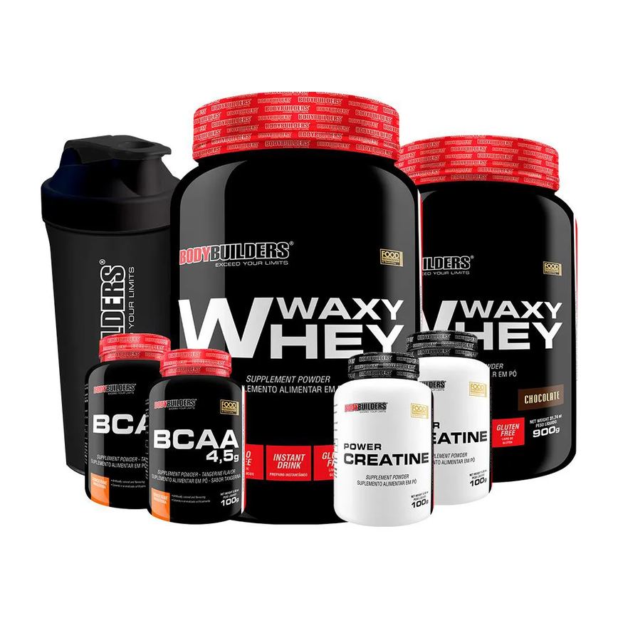 Kit 2x Waxy Whey 900g Sabor Morango + 2x Bcaa 100g Tangerina + 2x Power Creatina 100g + Coqueteleira - Bodybuilders