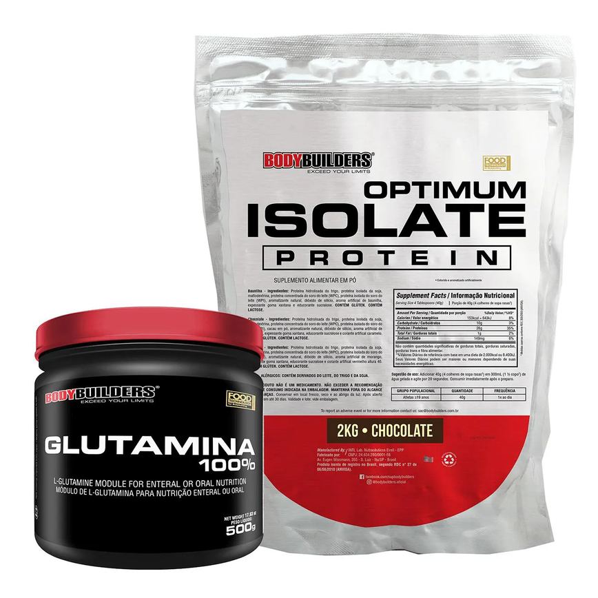 Kit Optimum Isolate Whey Protein 2kg + Glutamina 500g Sabor: Chocolate - Bodybuilders