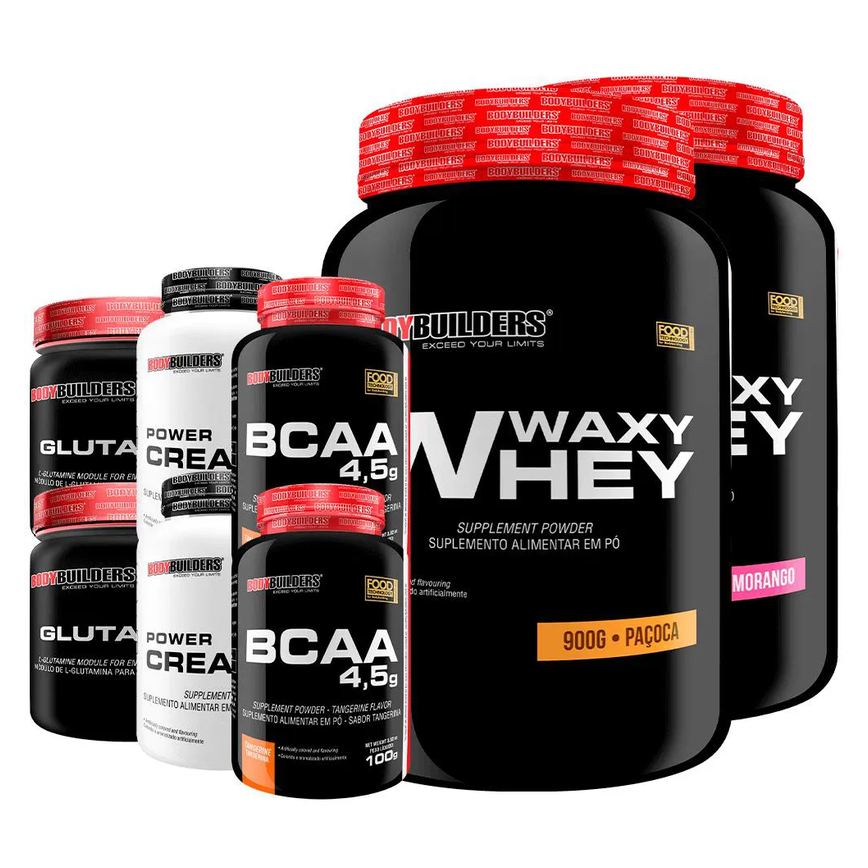 Kit 2x Waxy Whey 900g + 2x Power Creatina 100g + 2x Glutamina 300g + 2x Bcaa 4.5 100g - Bodybuilders Morango e Paçoca