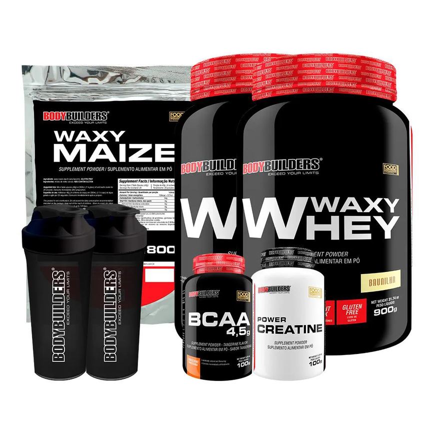 Kit 2x Waxy Whey 900g + Waxy Maize 800g + Power Creatina 100g + Bcaa 4.5 100g + 2x Coqueteleira - Bodybuilders Baunilha
