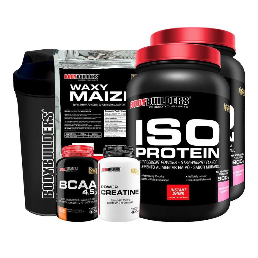 Kit 2x Iso Protein 900g + Bcaa 100g + Power Creatina 100g + Waxy Maize 800g + Coqueteleira - Sabor Morango Bodybuilders