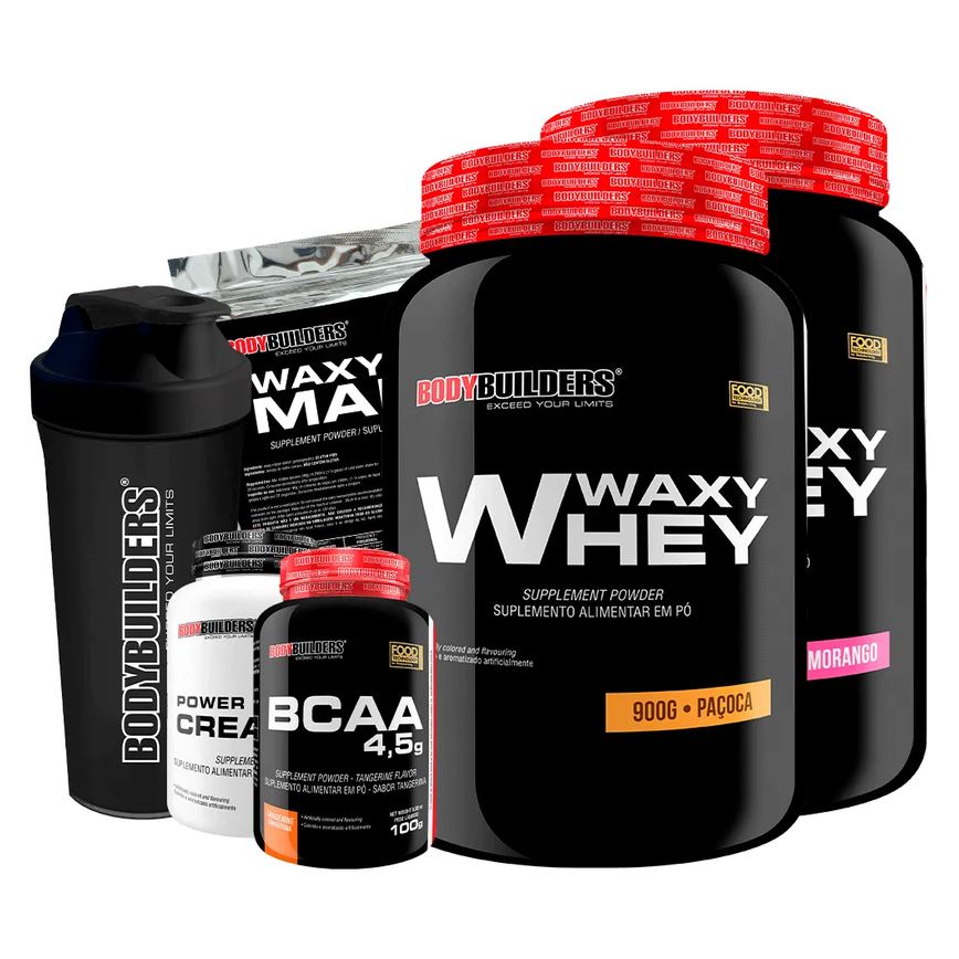 Kit 2x Waxy Whey 900g + Bcaa 100g + Power Creatine 100g + Waxy Maize 800g + Coq – Bodybuilders Morango e Paçoca