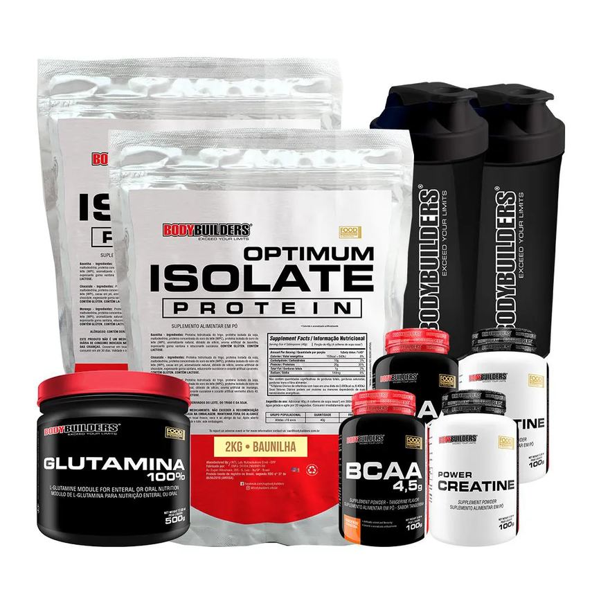 Kit 2x Optimum Isolate Protein 2kg + 2x Bcaa100g+ 2x Creatina100g + Glutamina 500g + 2x Coqueteleira Sabor Baunilha - Bodybuilders