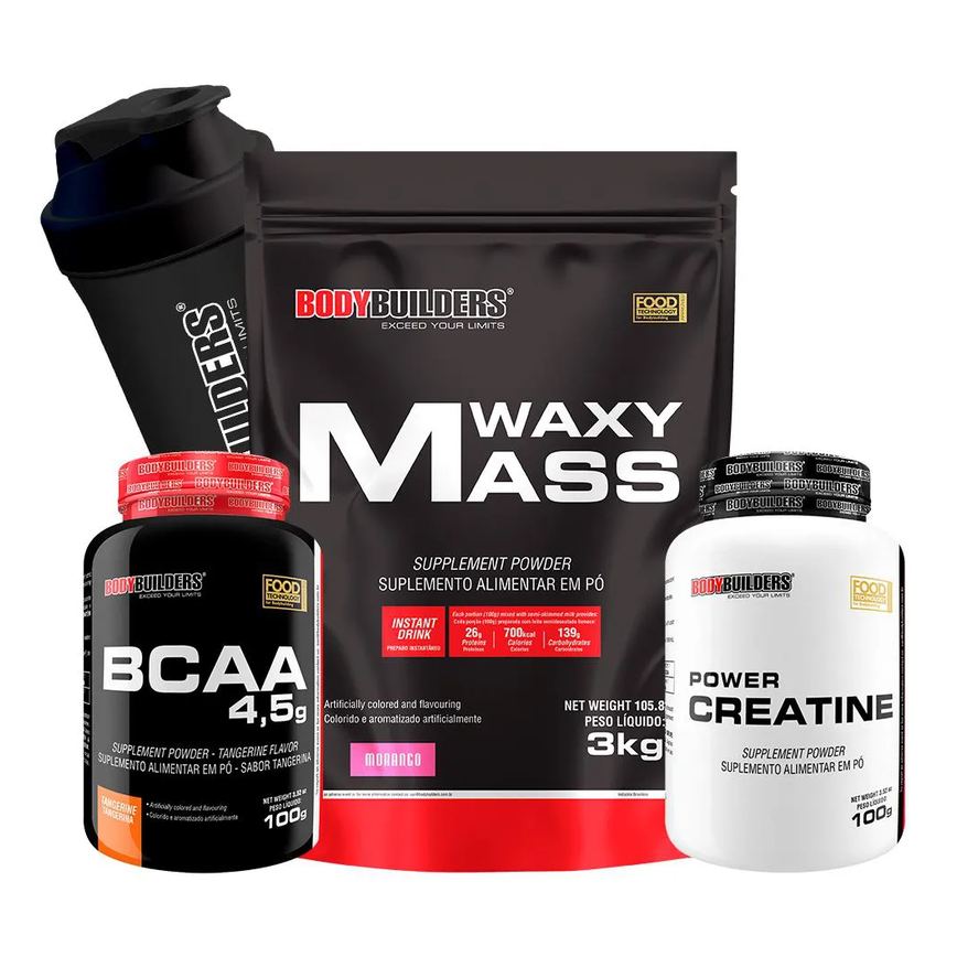 Kit Hipercalórico Waxy Mass 3kg + Bcaa 4,5 100g + Power Creatina 100g + Coqueteleira Sabor Morango – Bodybuilders