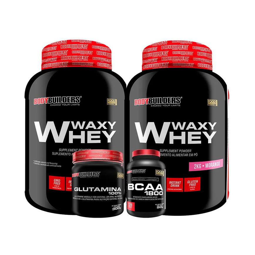 Kit 2x Whey Protein Waxy Whey 2kg + Glutamina 300g + Bcaa 1800 120 cápsulas - Bodybuilders Morango