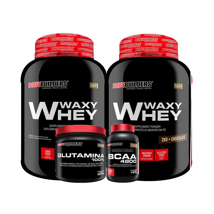 Kit 2x Whey Protein Waxy Whey 2kg + Glutamina 500g + Bcaa 4800 250 cápsulas - Bodybuilders Morango
