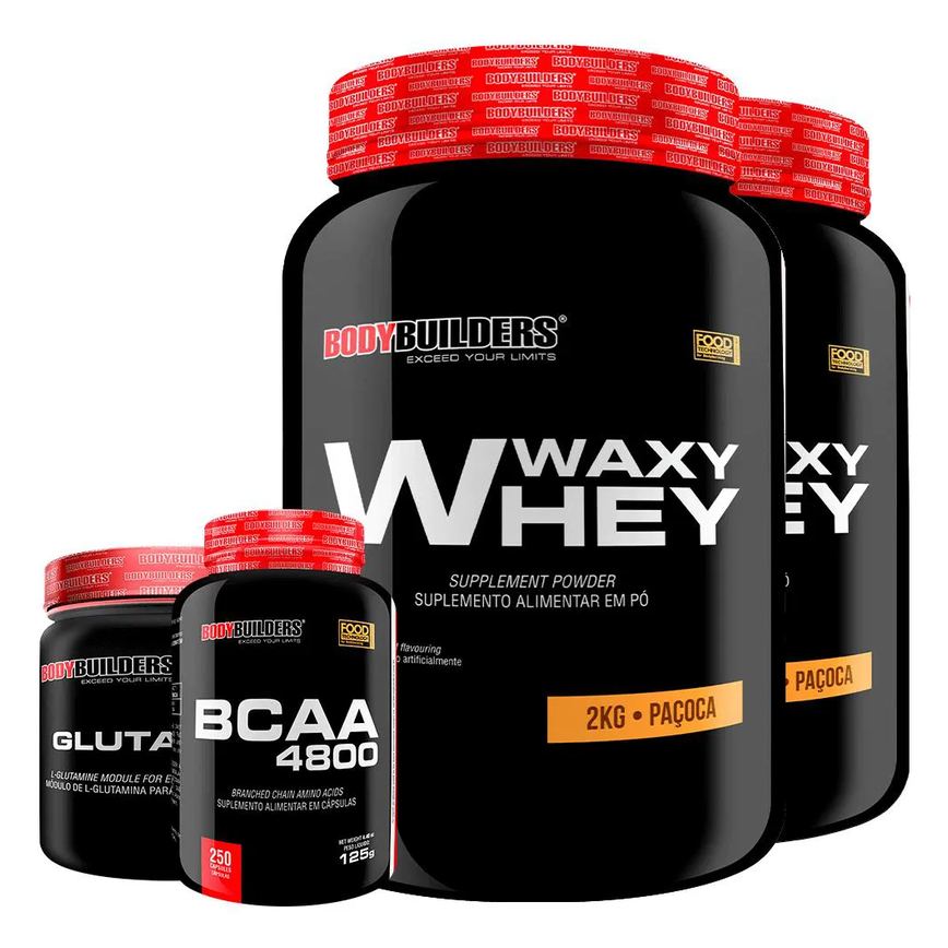 Kit 2x Whey Protein Waxy Whey 2kg + Glutamina 500g + Bcaa 4800 250 cápsulas - Bodybuilders Paçoca