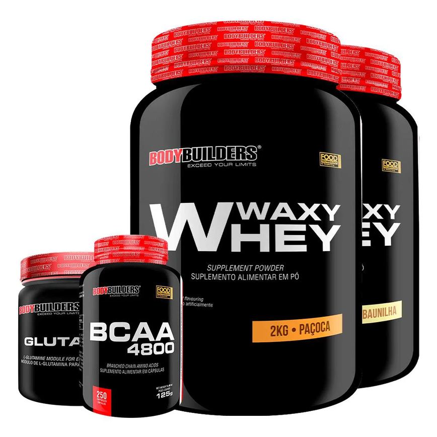 Kit 2x Whey Protein Waxy Whey 2kg + Glutamina 500g + Bcaa 4800 250 cápsulas - Bodybuilders Baunilha e Paçoca