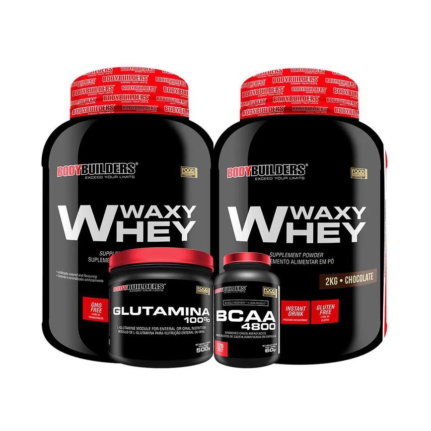 Kit 2x Whey Protein Waxy Whey 2kg + Glutamina 500g + Bcaa 4800 120 cápsulas - Bodybuilders Cappuccino