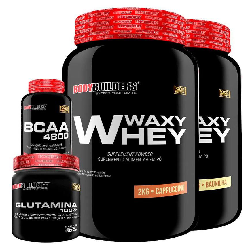 Kit 2x Whey Protein Waxy Whey 2kg + Glutamina 300g + Bcaa 4800 120 cápsulas - Bodybuilders Cappuccino e Baunilha