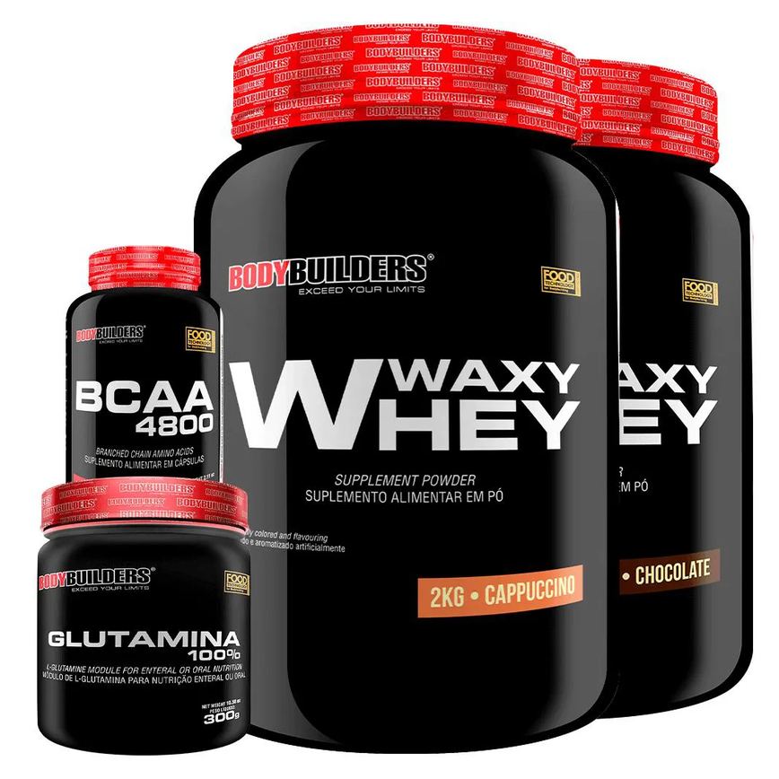 Kit 2x Whey Protein Waxy Whey 2kg + Glutamina 300g + Bcaa 4800 120 cápsulas - Bodybuilders Cappuccino e Chocolate