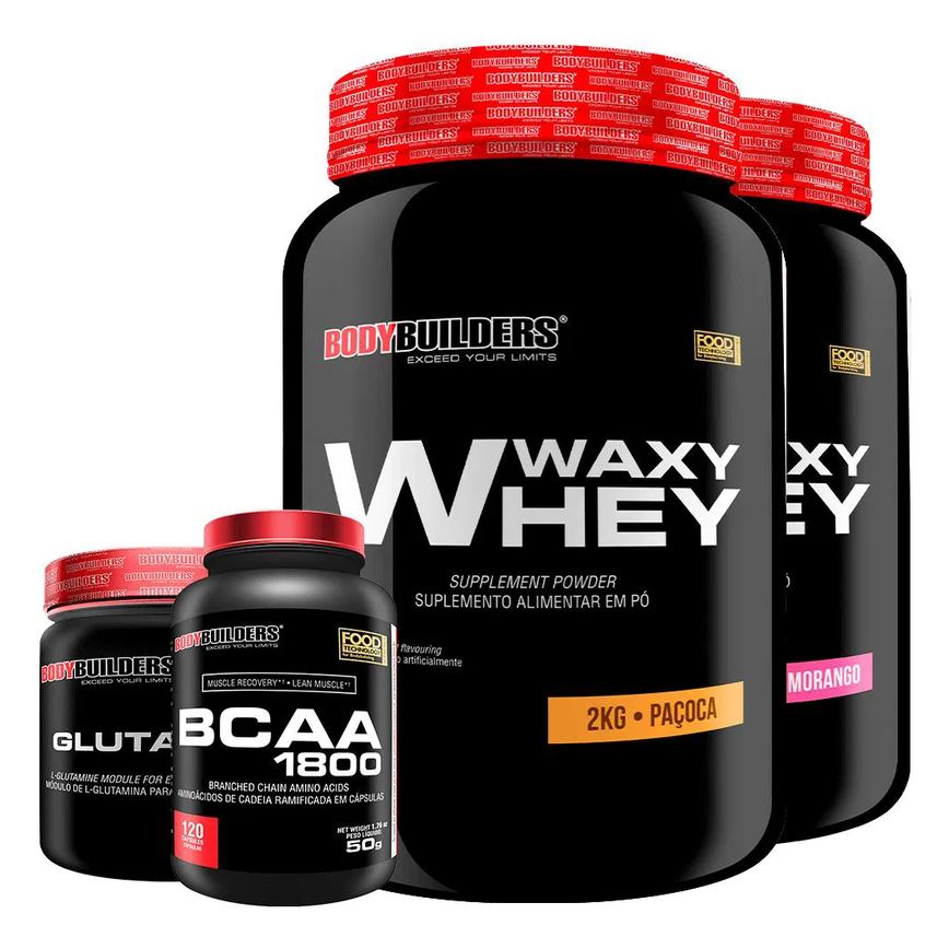 Kit 2x Whey Protein Waxy Whey 2kg + Glutamina 500g + Bcaa 1800 120 cápsulas - Bodybuilders Morango e Paçoca