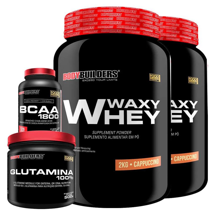 Kit 2x Whey Protein Waxy Whey 2kg + Glutamina 500g + Bcaa 1800 120 cápsulas - Bodybuilders Cappucino