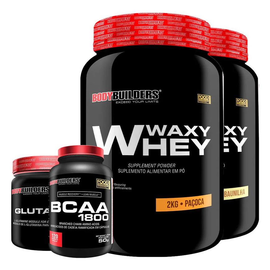 Kit 2x Whey Protein Waxy Whey 2kg + Glutamina 500g + Bcaa 1800 120 cápsulas - Bodybuilders Baunilha e Paçoca