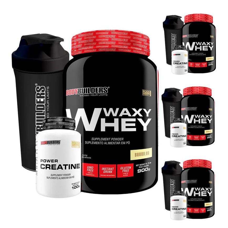 Kit 4x Whey Protein Waxy Whey 900g + 4x Power Creatina 100g + 4x Coqueteleira - Bodybuilders Baunilha