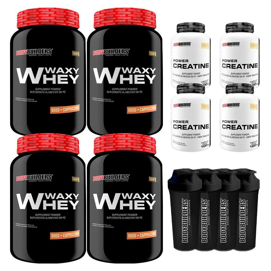 Kit 4x Whey Protein Waxy Whey 900g + 4x Power Creatina 100g + 4x Coqueteleira - Bodybuilders Cappuccino