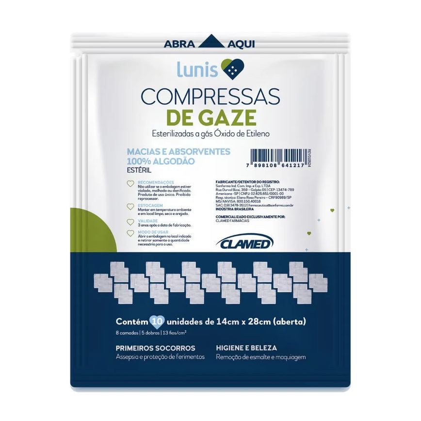 Compressa De Gaze Macia E Absorvente Lunis 10 Unidades