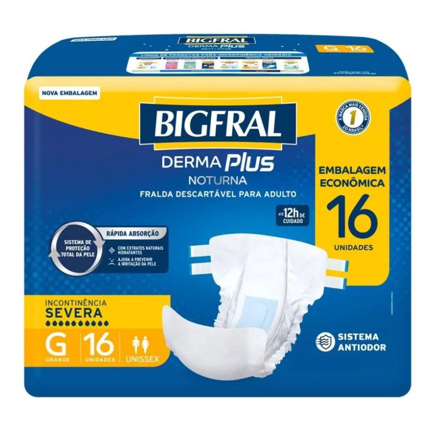 Fralda Geriátrica Unissex Derma Plus Noturna Bigfral G Absorção Intensa 16 unidades
