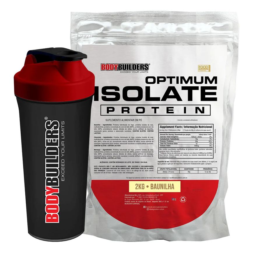 Kit Proteína Isolada BodyBuilders Optimum Isolate Protein Baunilha 2kg + Coqueteleira Shaker 600ml