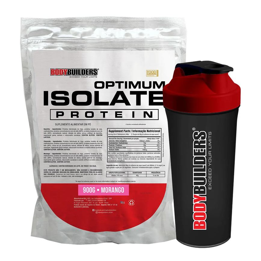 Kit Whey Protein BodyBuilders Optimum Isolate Morango 900g + Coqueteleira Shaker 600ml