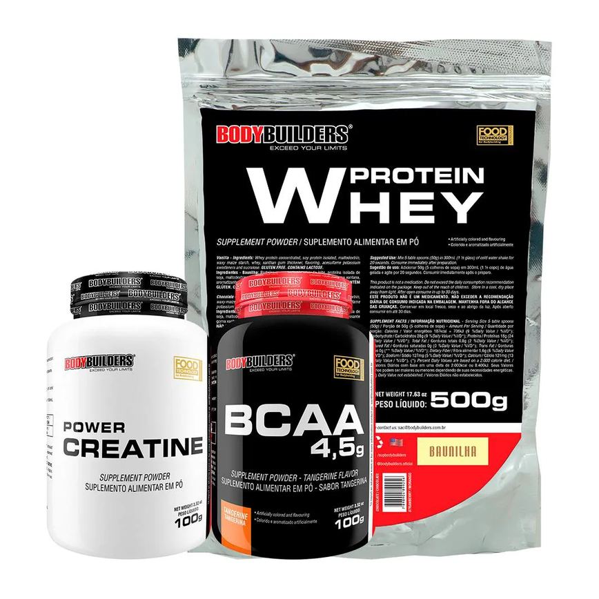 Kit Whey Proten 500g + Bcaa 100g+ Power Creatina 100g - Bodybuilders Baunilha