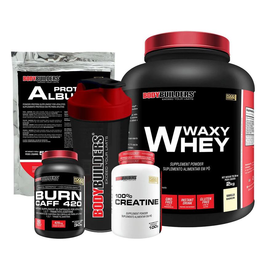 Kit Waxy Whey 2kg + Creatina 100% 100g + Burn Caff 60 cápsulas + Albumina 500g + Coqueteleira - Bodybuilders Baunilha