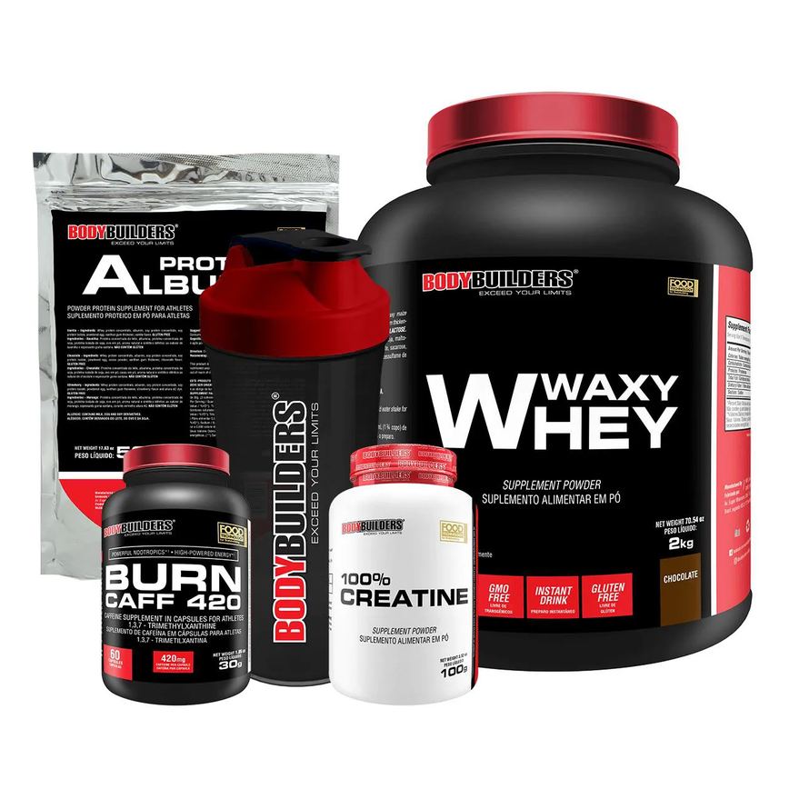 Kit Waxy Whey 2kg + Creatina 100% 100g + Burn Caff 60 cápsulas + Albumina 500g + Coqueteleira - Bodybuilders Chocolate