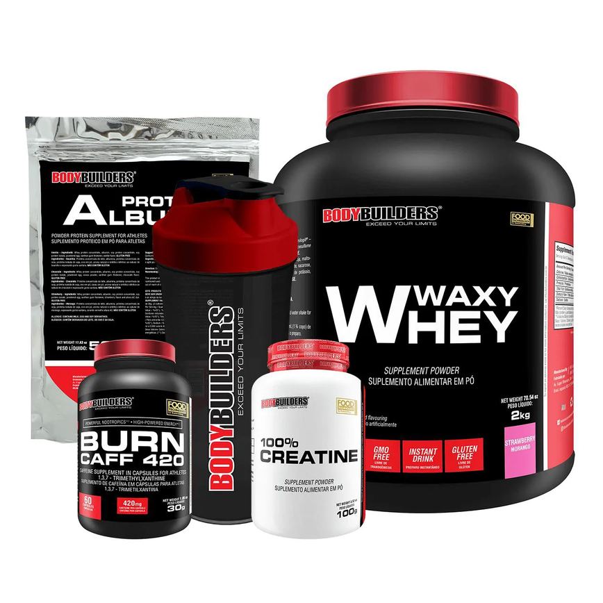 Kit Waxy Whey 2kg + Creatina 100% 100g + Burn Caff 60 cápsulas + Albumina 500g + Coqueteleira - Bodybuilders Morango