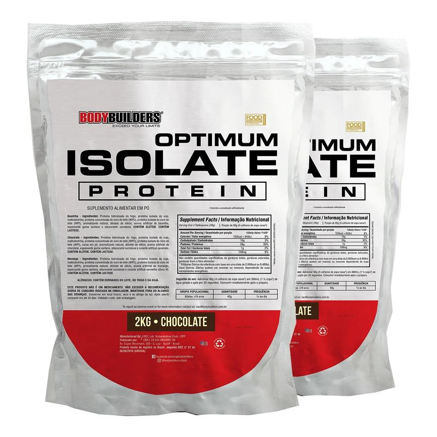 Kit 2x Whey Protein Optimum Isolate Refil 2kg - Kit para Ganho de Massa Muscular e Resistência - Bodybuilders Chocolate