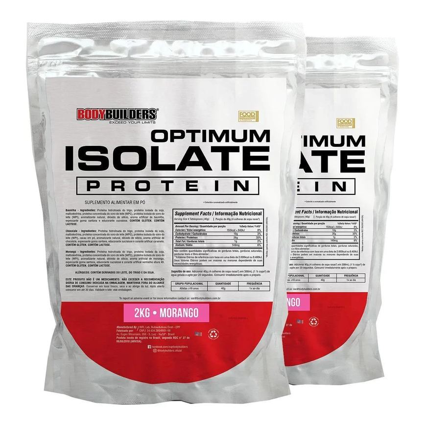 Kit 2x Whey Protein Optimum Isolate Refil 2kg - Kit para Ganho de Massa Muscular e Resistência - Bodybuilders Morango