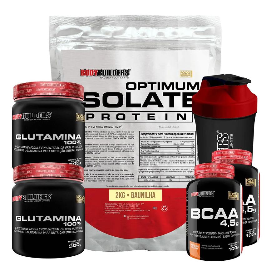Kit Optimum Isolate Whey Protein 2kg + 2x Bcaa 100g + 2x Glutamina 300g + Coqueteleira - Bodybuilders Chocolate