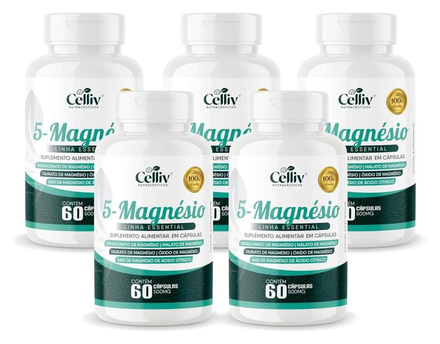 5X 5-MAGNéSIO (BISGLICINATO, MALATO, TAURATO, ÓXIDO E SAIS DE MAGNéSIO) 60 CAPS 500MG CELLIV