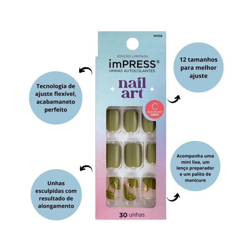 Unhas Autocolantes Kiss Impress Nail Art Before Sunrise Quadrado Curto C/30un Im35b