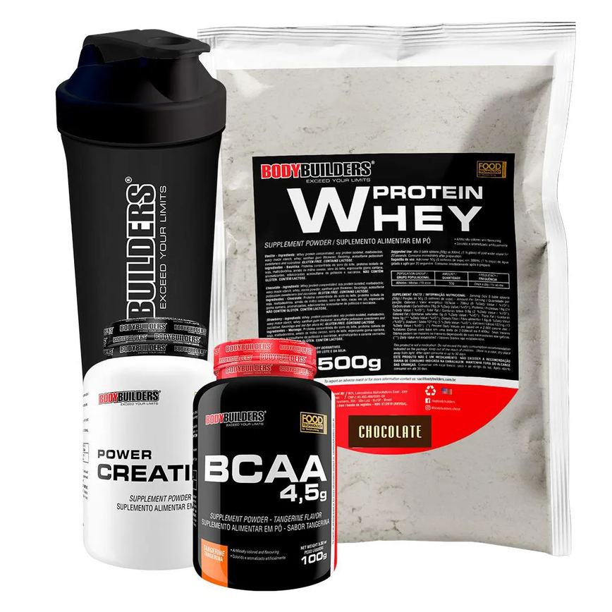 Kit Whey Protein 500g + Bcaa 4,5 100g + Power Creatine 100g + Coqueteleira – Bodybuilders Chocolate