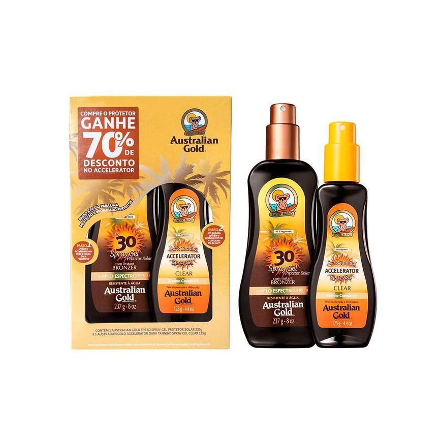 Kit Australian Gold Protetor Solar Corporal FPS 30 com 237ml + Bronzeador Dark Tanning Clear com 125ml