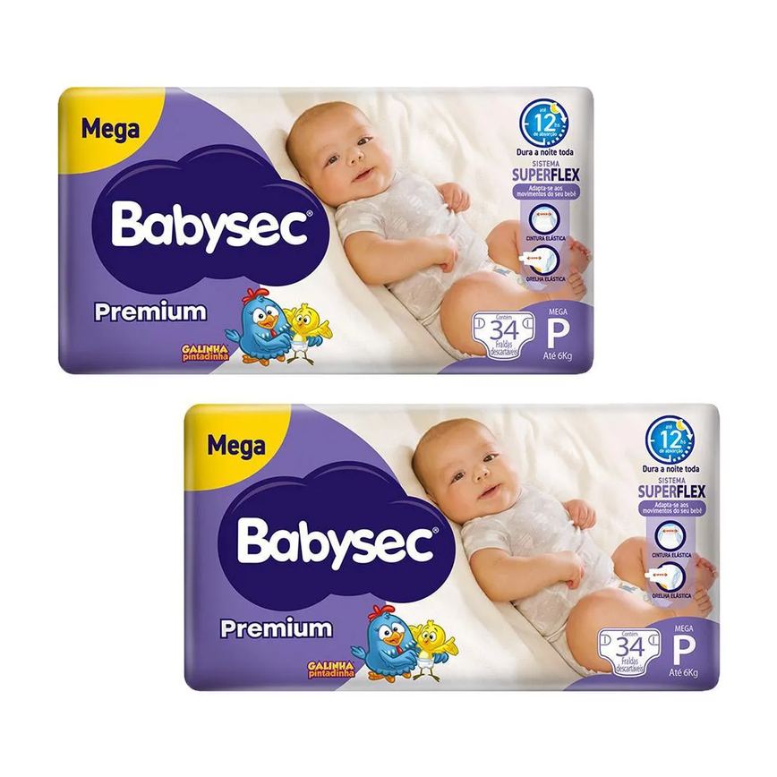 Kit 2 Fraldas Babysec Galinha Pintadinha Premium Tamanho P 34 Unidades Cada