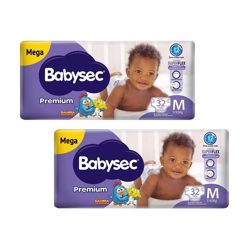 Kit 2 Fraldas Babysec Galinha Pintadinha Premium Tamanho M 32 Unidades Cada