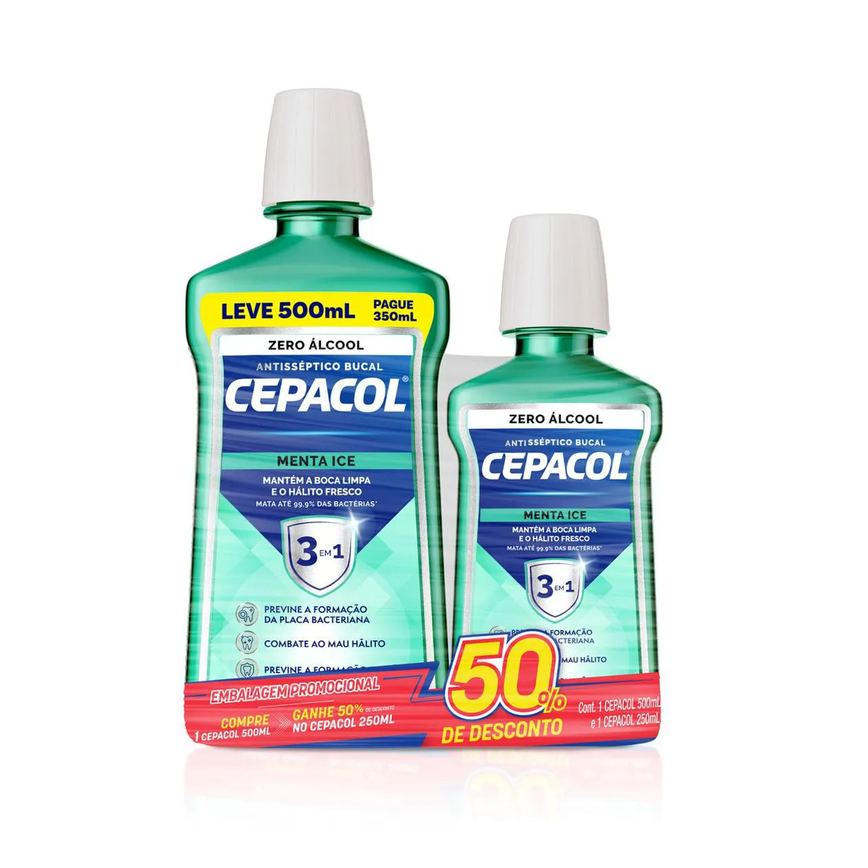 Kit Enxaguante Antisséptico Bucal Cepacol Menta Ice Sem Álcool 500ml + 250ml