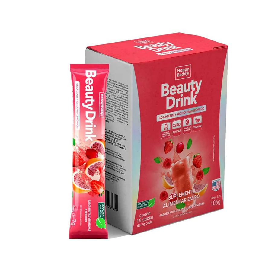 Suplemento Alimentar Beauty Drink Happy Boddy Sabor Frutas Vermelhas e Gengibre 15 Sachês