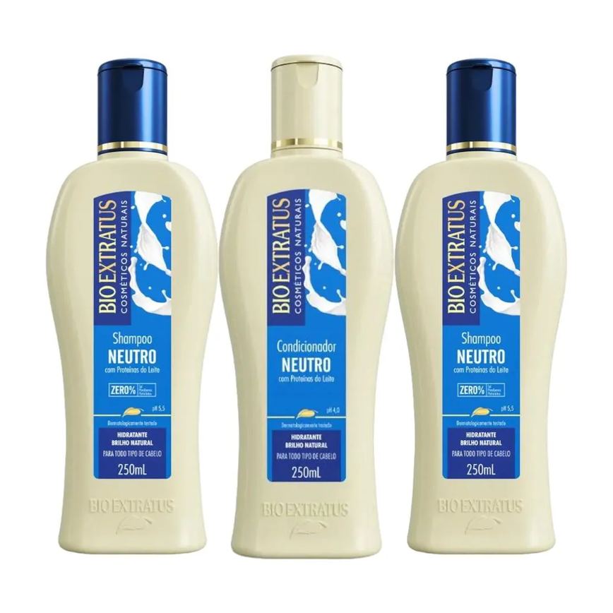 Kit 2 Shampoo 1 Condicionador Brilho Natural Neutro 250 Ml Bio Extratus