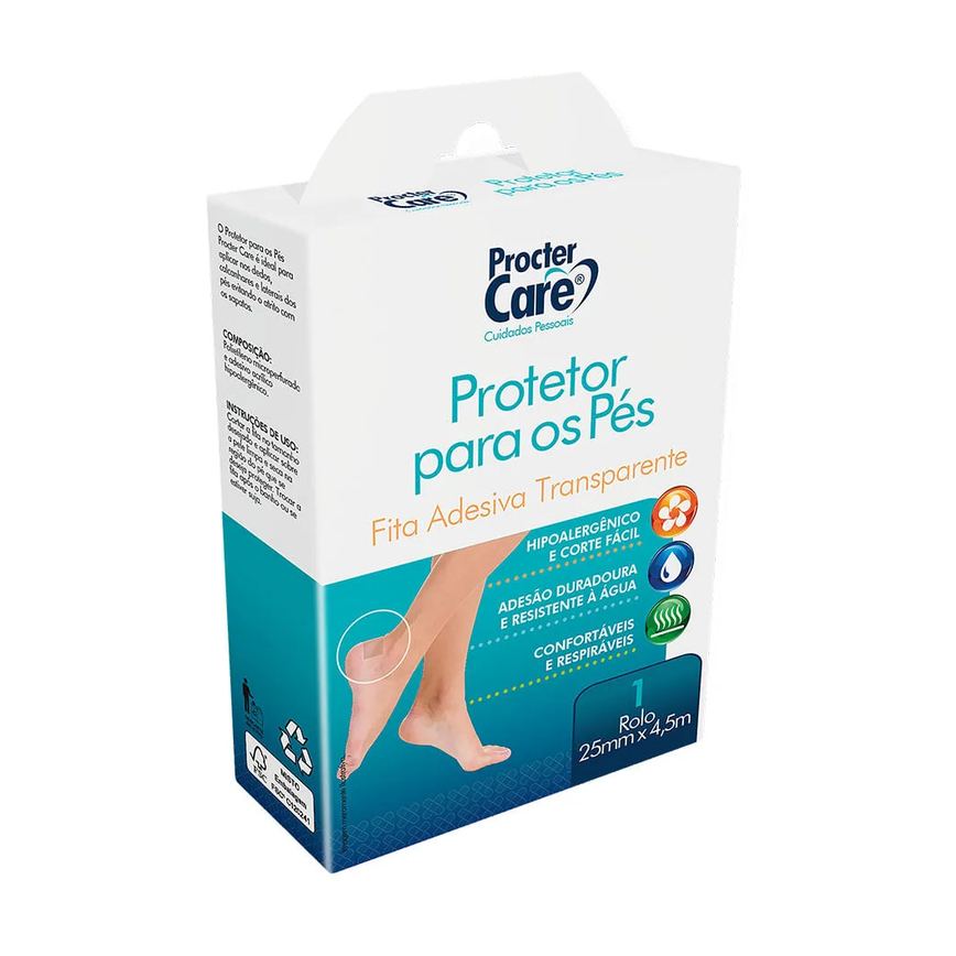 Fita Adesiva Protetora Para Os Pés Procter Care Com 1 Rolo De 25mm X 4,5m