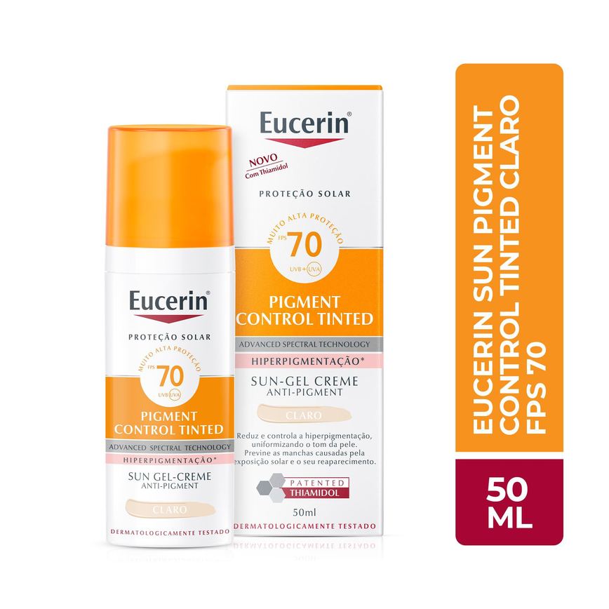 Protetor Solar Facial Eucerin Sun Pigment Control Tinted FPS70 Gel Creme Tom Claro 50ml