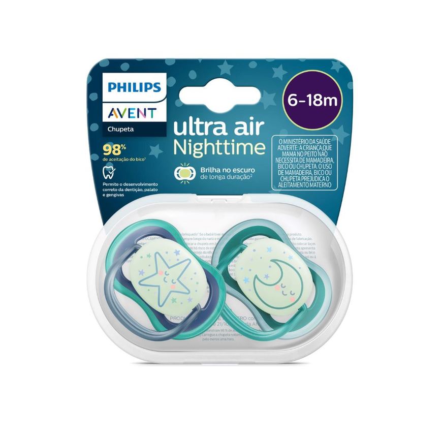 Chupeta Philips Avent Ultra Air Nigthtime +6 meses Azul e Verde 2 Unidades