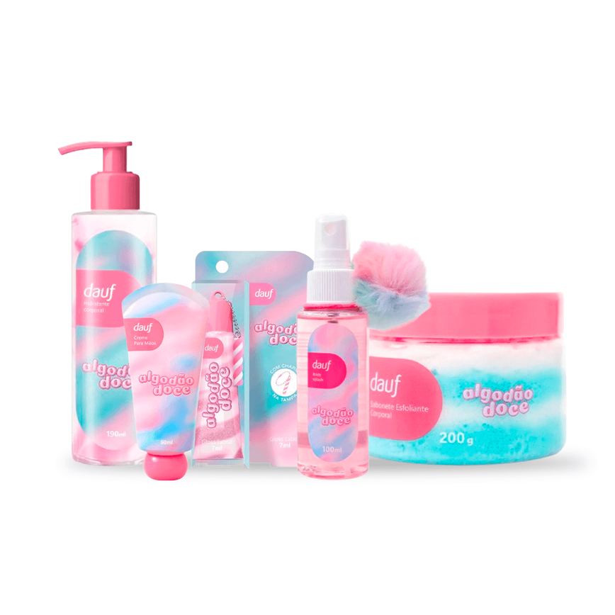 Kit Dauf Algodão Doce Sabonete Corporal 200g + Hidratante Para Mãos 50ml + Gloss Labial 7ml Rosa + Hidratante Corporal 190ml + Body Splash 100ml
