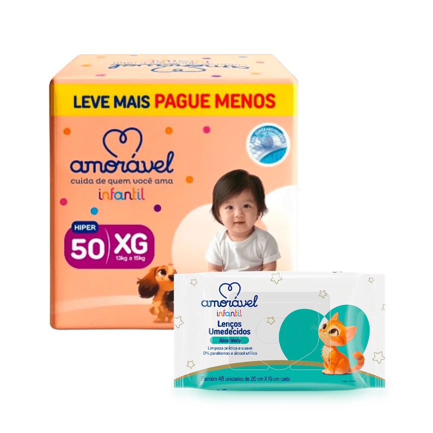 Kit Amorável Fralda Amoravel Basic Hiper XG 50 Uni + Lenço Umedecido Amorável Baby Aloe Vera 48 Uni