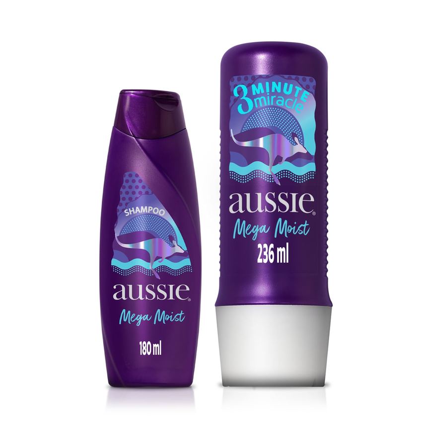 Kit Shampoo Aussie Mega Moist 180ml 1 Unidade + Creme de Tratamento Capilar Aussie 3 Minute Miracle Moist Hidratação 236ml 1 Unidade