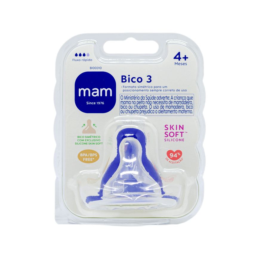 Bico para Mamadeira MAM Ortodôntico Fluxo Rápido Anticólica +4 meses Silicone 1 Unidade