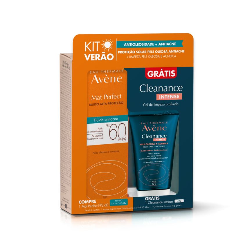 Kit Verão: Protetor Solar Facial Avène Mat Perfect Antiacne FPS60 40g 1 Unidade + 1 Gel de Limpeza Cleanance Intense 40g 1 Unidade