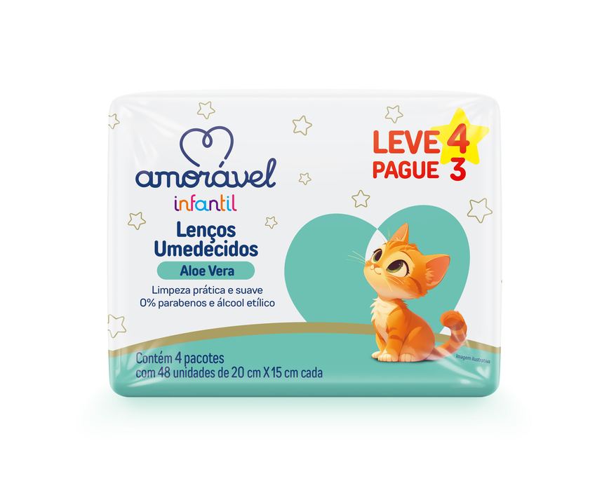 Lenços Umedecidos Amorável Aloe E Vera Com 192 Unidades Leve 4 Pague 3